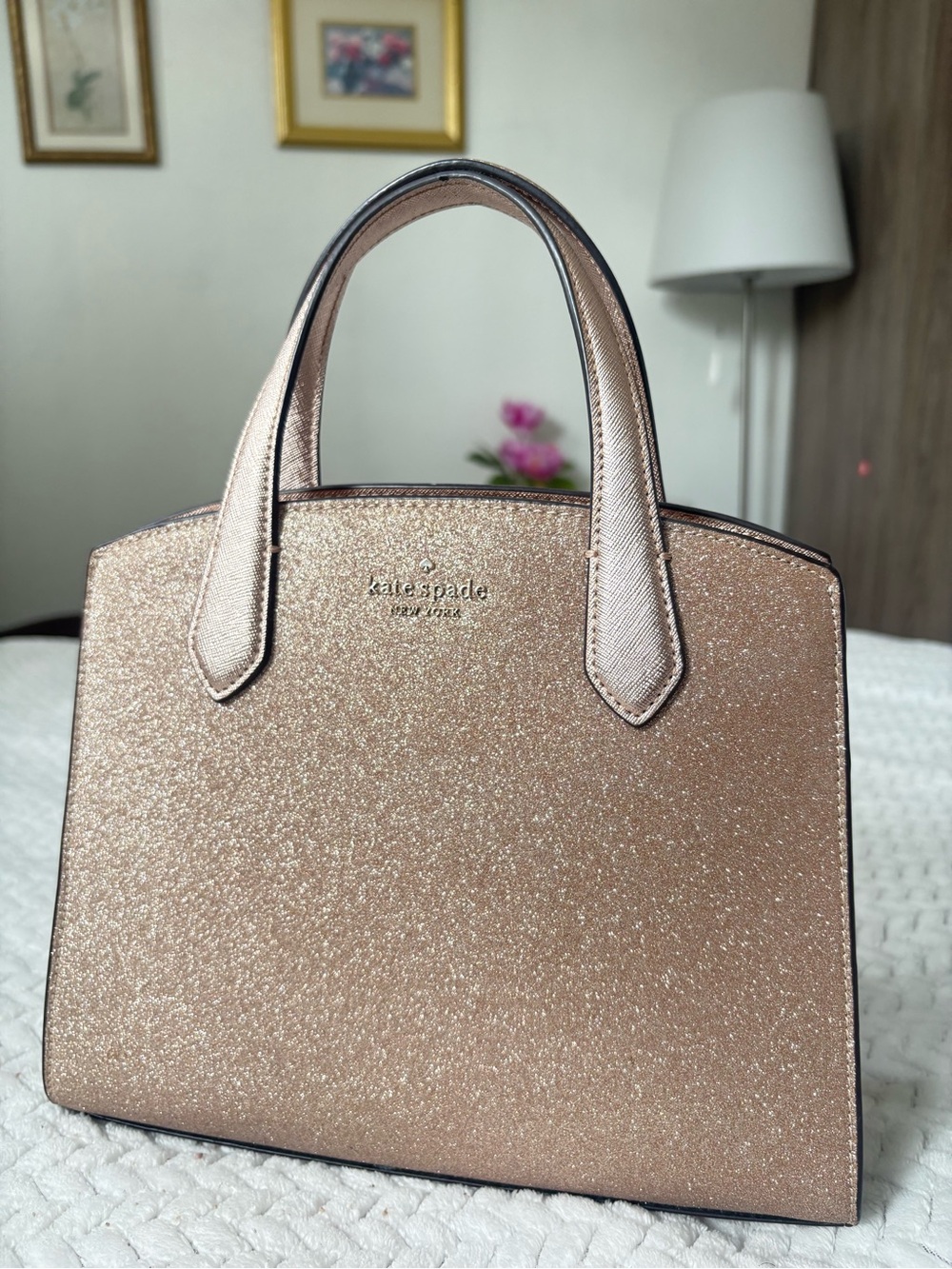 kate spade rose gold glitter top-handle tote